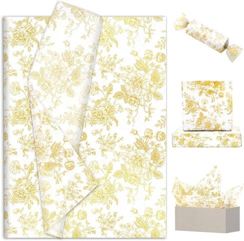 JarThenaAMCS 100 Sheets Floral Tissue Paper Gold Flower Gift Wrapping Paper Vintage Decorative Art Paper for Home Party DIY Crafts Supplies, 14 x 20 Inch in Saudi Arabia