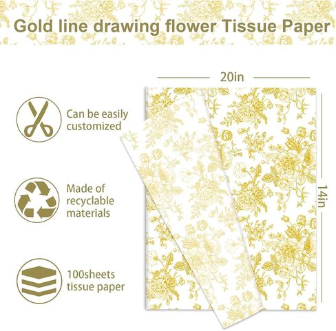 JarThenaAMCS 100 Sheets Floral Tissue Paper Gold Flower Gift Wrapping Paper Vintage Decorative Art Paper for Home Party DIY Crafts Supplies, 14 x 20 Inch in Saudi Arabia