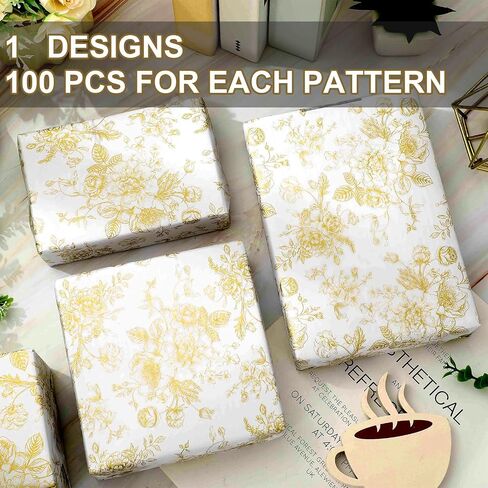 JarThenaAMCS 100 Sheets Floral Tissue Paper Gold Flower Gift Wrapping Paper Vintage Decorative Art Paper for Home Party DIY Crafts Supplies, 14 x 20 Inch in Saudi Arabia
