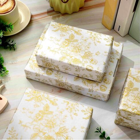 JarThenaAMCS 100 Sheets Floral Tissue Paper Gold Flower Gift Wrapping Paper Vintage Decorative Art Paper for Home Party DIY Crafts Supplies, 14 x 20 Inch in Saudi Arabia