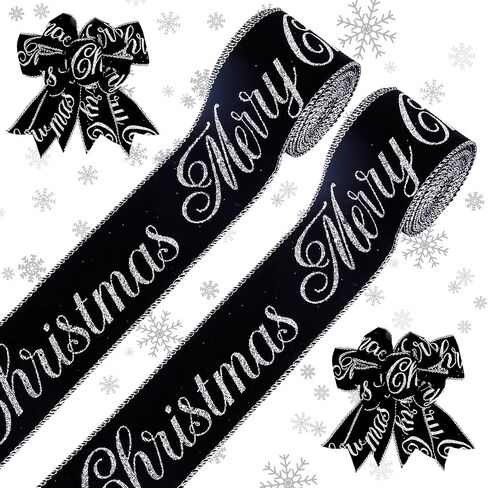Whaline 2 Rolls Christmas Velvet Wired Ribbon 2.5 Inch Merry Christmas Velvet Ribbon Black Silver Glitter Xmas Decor Wrapping Ribbon for Gift Wrapping Bow Wreath Crafts Home Decor, 20 Yards in Saudi Arabia
