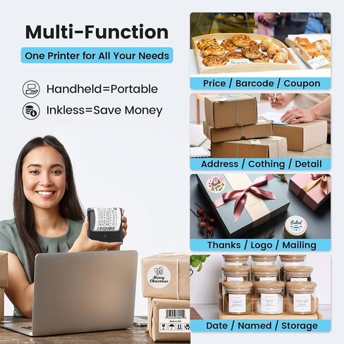 صانع ملصقات Memoking M200، طابعة ملصقات محمولة تعمل بالبلوتوث مع خاصية التعرف التلقائي، سهلة الاستخدام للمنزل والعمل والمكتب وطابعة ملصقات مع ملصق/لفة مقاس 2 × 1.18 بوصة (أبيض)، 3 ملصقات رول in Kuwait