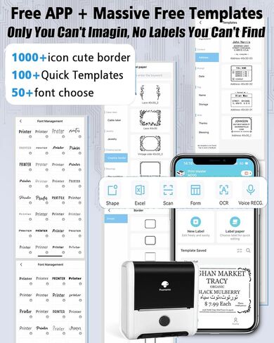 صانع ملصقات Memoking M200، طابعة ملصقات محمولة تعمل بالبلوتوث مع خاصية التعرف التلقائي، سهلة الاستخدام للمنزل والعمل والمكتب وطابعة ملصقات مع ملصق/لفة مقاس 2 × 1.18 بوصة (أبيض)، 3 ملصقات رول in Kuwait