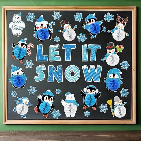 53PCS 3D Winter Honeycomb Bulletin Board Snowflake Penguin Bulletin Board Set Christmas Party Supply Snowman Bulletin Board Let it Snow Paper Cutouts with School Classroom Wall Decor in Saudi Arabia