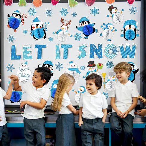 53PCS 3D Winter Honeycomb Bulletin Board Snowflake Penguin Bulletin Board Set Christmas Party Supply Snowman Bulletin Board Let it Snow Paper Cutouts with School Classroom Wall Decor in Saudi Arabia