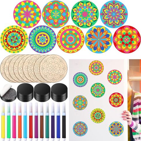 18 Pcs DIY Wooden Mandala Magnets Color Your Own Mandala Magnet Small Magnets for Crafts Self Adhesive Magnet for DIY Craft Fridge Refrigerator Magnets Pendants (Floral Style) in Saudi Arabia