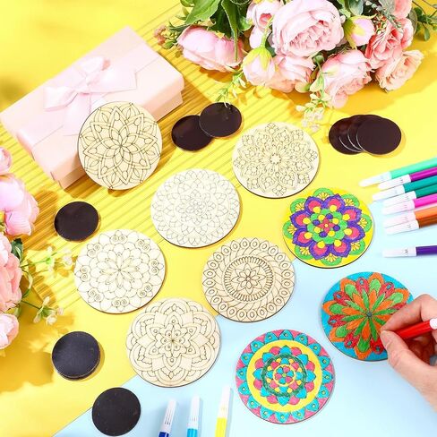 18 Pcs DIY Wooden Mandala Magnets Color Your Own Mandala Magnet Small Magnets for Crafts Self Adhesive Magnet for DIY Craft Fridge Refrigerator Magnets Pendants (Floral Style) in Saudi Arabia