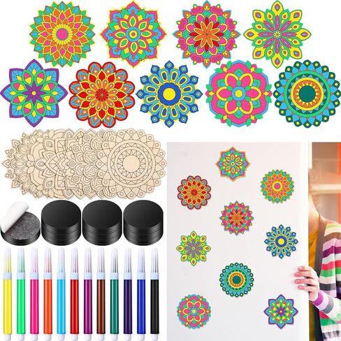 18 Pcs DIY Wooden Mandala Magnets Color Your Own Mandala Magnet Small Magnets for Crafts Self Adhesive Magnet for DIY Craft Fridge Refrigerator Magnets Pendants (Floral Style) in Saudi Arabia