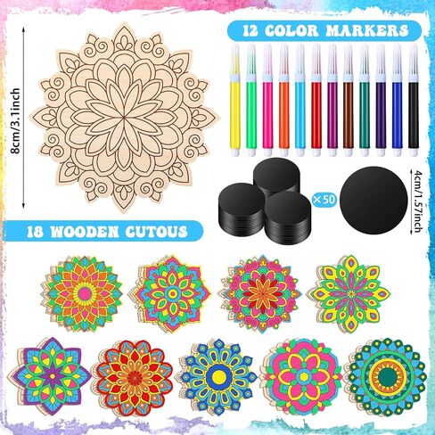 18 Pcs DIY Wooden Mandala Magnets Color Your Own Mandala Magnet Small Magnets for Crafts Self Adhesive Magnet for DIY Craft Fridge Refrigerator Magnets Pendants (Floral Style) in Saudi Arabia