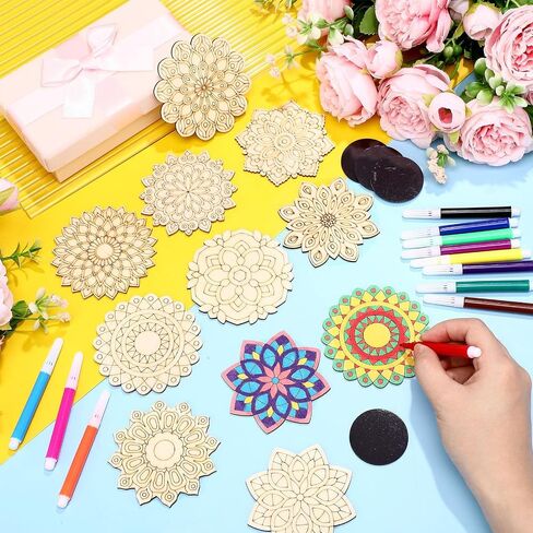 18 Pcs DIY Wooden Mandala Magnets Color Your Own Mandala Magnet Small Magnets for Crafts Self Adhesive Magnet for DIY Craft Fridge Refrigerator Magnets Pendants (Floral Style) in Saudi Arabia