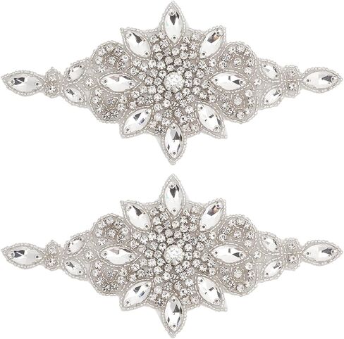 FINGERINSPIRE 2 PCS Wedding Rhinestone Applique Bridal Hotfix Rhinestone Patch 6.8x3.3 inch AB Color Rhinestone Sash Applique, Rhinestone Patches for Wedding Dress Sash Belt Headband DIY in Saudi Arabia