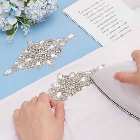 FINGERINSPIRE 2 PCS Wedding Rhinestone Applique Bridal Hotfix Rhinestone Patch 6.8x3.3 inch AB Color Rhinestone Sash Applique, Rhinestone Patches for Wedding Dress Sash Belt Headband DIY in Saudi Arabia