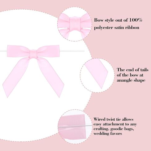 50 Pcs Pink Twist Tie Bows for Gift Wrapping 2.5 inch Pink Satin Ribbon Bows Pink Bows for Crafts for Tying Up Packages Gift Bows Decor， Wedding Decor Halloween Party Candy Bag Favors Gender Reveal in Saudi Arabia