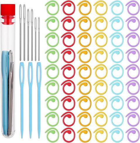 72 PCS Helical Shaped Crochet Markers Metal Stitch Markers Ring Crochet Ring Stitch Markers Clip Set with Sewing Needles 6 Color Knitting Crochet 12 PCS Large Eye Blunt Sewing Needle for Craft Sewing in Saudi Arabia