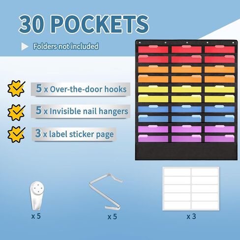 Annecy 10 Pockets Hanging Wall File Organizer, Black Storage Pocket Chart for File Folder and Paper, Space Saver for Office and Classroom, with Wall Hangers, Over The Door Hooks, Labels in Saudi Arabia