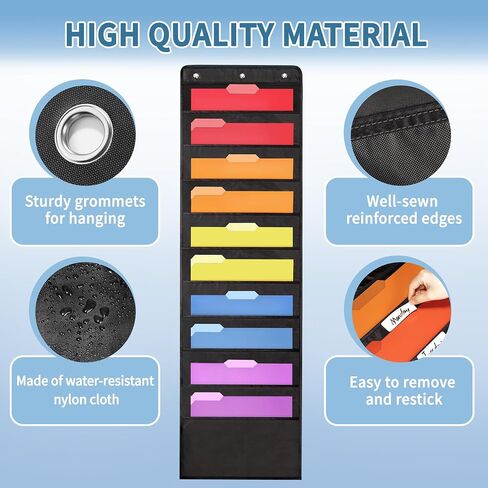 Annecy 10 Pockets Hanging Wall File Organizer, Black Storage Pocket Chart for File Folder and Paper, Space Saver for Office and Classroom, with Wall Hangers, Over The Door Hooks, Labels in Saudi Arabia