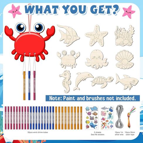 10 عبوات من مجموعة رنين الرياح للأطفال، اصنع حيوانات البحر الخاصة بك رنين الرياح الخشبية DIY تلوين فن الخشب الصيفي والحلي اليدوية للبنين والبنات وحفلات المدرسة والفصول الدراسية لوازم هدايا عيد الميلاد in Kuwait