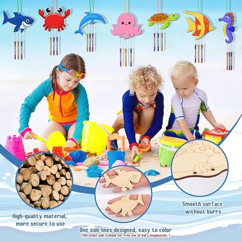 10 عبوات من مجموعة رنين الرياح للأطفال، اصنع حيوانات البحر الخاصة بك رنين الرياح الخشبية DIY تلوين فن الخشب الصيفي والحلي اليدوية للبنين والبنات وحفلات المدرسة والفصول الدراسية لوازم هدايا عيد الميلاد in Kuwait