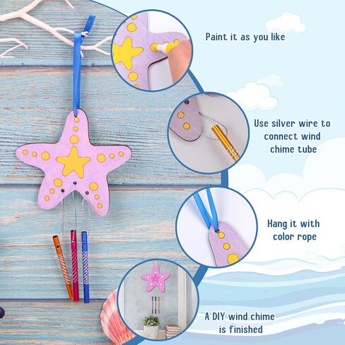 10 عبوات من مجموعة رنين الرياح للأطفال، اصنع حيوانات البحر الخاصة بك رنين الرياح الخشبية DIY تلوين فن الخشب الصيفي والحلي اليدوية للبنين والبنات وحفلات المدرسة والفصول الدراسية لوازم هدايا عيد الميلاد in Kuwait