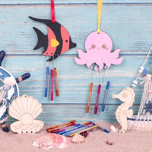 10 عبوات من مجموعة رنين الرياح للأطفال، اصنع حيوانات البحر الخاصة بك رنين الرياح الخشبية DIY تلوين فن الخشب الصيفي والحلي اليدوية للبنين والبنات وحفلات المدرسة والفصول الدراسية لوازم هدايا عيد الميلاد in Kuwait