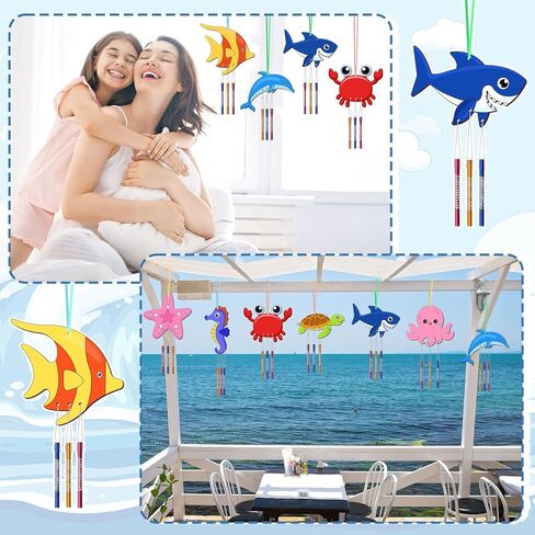 10 عبوات من مجموعة رنين الرياح للأطفال، اصنع حيوانات البحر الخاصة بك رنين الرياح الخشبية DIY تلوين فن الخشب الصيفي والحلي اليدوية للبنين والبنات وحفلات المدرسة والفصول الدراسية لوازم هدايا عيد الميلاد in Kuwait