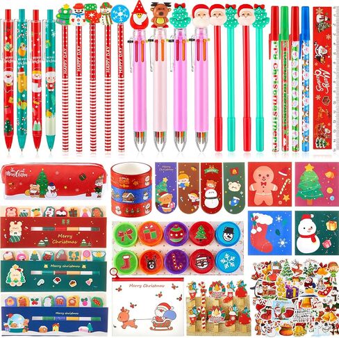 Jetec 62 Pieces Christmas Stationery Set Christmas Pen Case and Christmas Ballpoint Pens Christmas Gel Ink Pen and Christmas Stampers Pencils Rulers Memo Stickers Bookmarks Clips for Christmas Gifts in Saudi Arabia