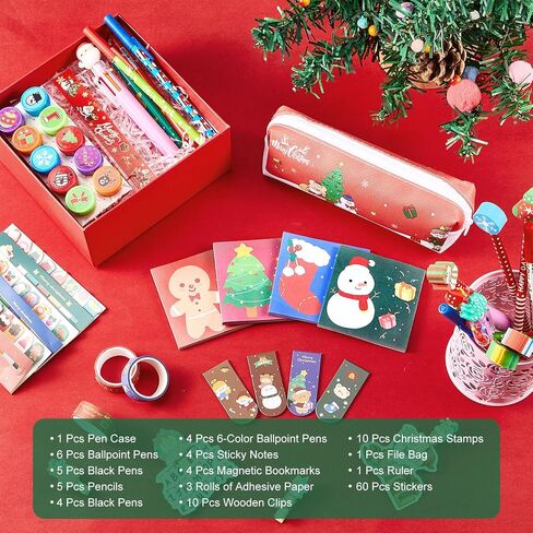 Jetec 62 Pieces Christmas Stationery Set Christmas Pen Case and Christmas Ballpoint Pens Christmas Gel Ink Pen and Christmas Stampers Pencils Rulers Memo Stickers Bookmarks Clips for Christmas Gifts in Saudi Arabia