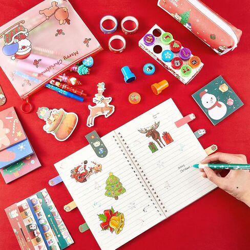 Jetec 62 Pieces Christmas Stationery Set Christmas Pen Case and Christmas Ballpoint Pens Christmas Gel Ink Pen and Christmas Stampers Pencils Rulers Memo Stickers Bookmarks Clips for Christmas Gifts in Saudi Arabia