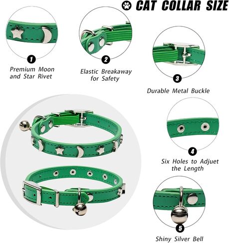 Leather Cat Collars for Boy Girl Cats with Bell and Safety Elastic Belt, Personalized Star and Moon Stud Adjustable Safe Buckle Collar for Kitty Small Big Cats in Saudi Arabia