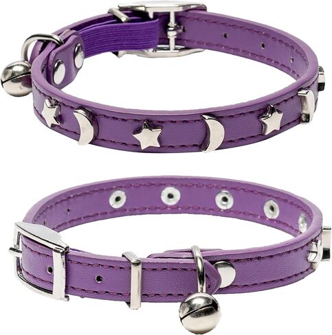 Leather Cat Collars for Boy Girl Cats with Bell and Safety Elastic Belt, Personalized Star and Moon Stud Adjustable Safe Buckle Collar for Kitty Small Big Cats in Saudi Arabia