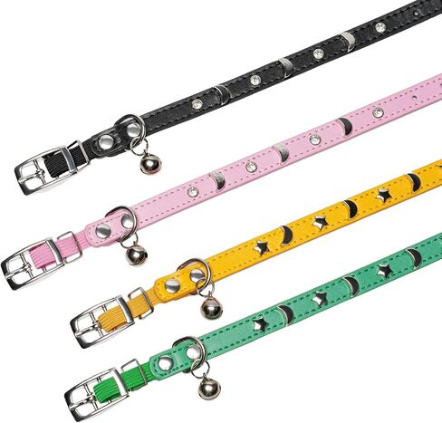 Leather Cat Collars for Boy Girl Cats with Bell and Safety Elastic Belt, Personalized Star and Moon Stud Adjustable Safe Buckle Collar for Kitty Small Big Cats in Saudi Arabia