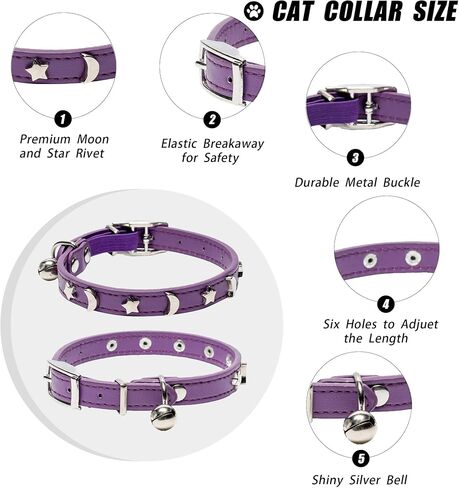 Leather Cat Collars for Boy Girl Cats with Bell and Safety Elastic Belt, Personalized Star and Moon Stud Adjustable Safe Buckle Collar for Kitty Small Big Cats in Saudi Arabia
