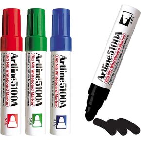 Artline 5100A Big Nib Magnum Whiteboard Dry Erase Markers, Extra Thick 5.0mm Bullet Tip, Readable from a Great Distance, Low Odor Colored Markers for School, Black, Red, Blue, Green, 4-Pack