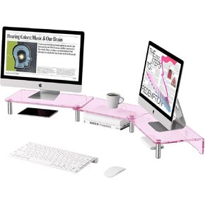 dual monitor stand riser, 3-layer pink acrylic monitor stand with anti slip pad, adjustable length and angle, suitable for 2 monitors, desktop, laptop, PC, printer, TV screen (Pink acrylic)
