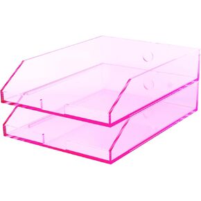 (2pcs Pack) Stackable Pink Acrylic Paper Trays, Desk File Organizer, A4 Paper Holder, Letter Tray