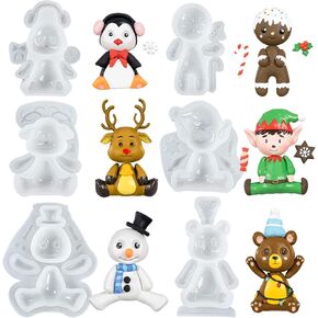 FUNSHOWCASE Christmas Silicone Molds Penguin Reindeer Snowman Gingerbread Man Santa Elf Bear Height 3-4inch for Fondant Cake Decoration Cupcake Topper Epoxy Resin Casting Polymer Clay Craft
