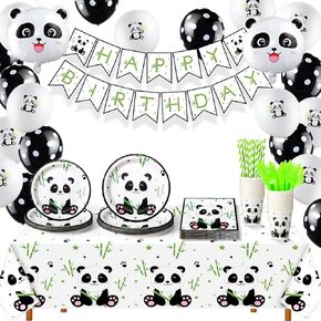 Buryeah Panda Birthday Party Supplies Panda Disposable Tableware Set Include Happy Birthday Banner Panda Plates Napkins Balloons Tablecloth Cover Forks Knives Cups and Straws for Birthday Party (Boy)