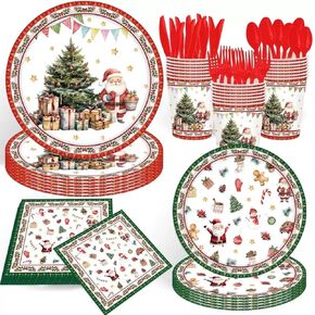 140Pcs Watercolor Christmas Party Decorations Christmas Paper Plates and Napkins Christmas Tree Santa Claus Disposable Christmas Tableware Set Winter Party Supplies Dinner Plates, Serve for 20 Guests