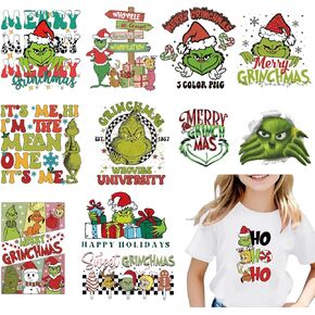 12 Sheets Christmas Decorations Iron on Patches Vinyl Heat Transfers Iron on Stickers Cartoon Xmas Green Monster Iron on Transfer Decals Stickers for Clothes T Shirts Backpack DIY Craft Supplies