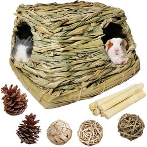 PINVNBY Guinea Pig Grass House Bunny Hay Hideout Tunnel Small Pet Straw Hut with Chew Toys for Bunny Hamster Rat Chinchilla Hedgehog Gerbil (Ball at Random)
