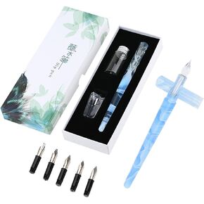 Multifunctional Dual-Purpose Pen Nib Glass Dip Pen Fountain Pen Calligraphy Pens with 5 Types Replacement Pen Nib, Resin Acrylic Writing Signature Painting Pen - Blue