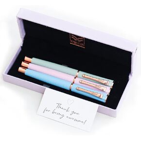 Veway - 3 Refillable Premium Pastel Pens & Gift Box, 0.5mm Fine Point Rollerball, Black German Ink - Perfect Thank You Gifts for Women, Office & Journaling (Timeless)