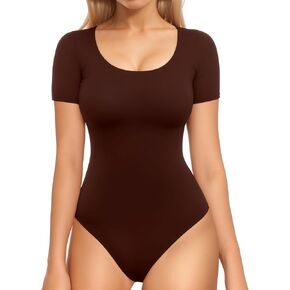 MANGOPOP Double Lined Long Sleeve Bodysuits for Women Scoop Neck Thong Bodysuit Tops Seamless