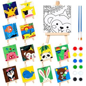 12 Sets Printed Canvas Paint Art 12 Pcs Wooden Easel Set Paint Pots and Brushes and 12 Pre Drawn Canvas Panel Party Supplies Game Prizes for Kid Adult(Classic)