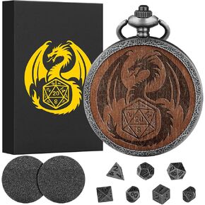 Mini DND Dice Set Wooden Dragon Engraved Pocket Watch Shell Case, 7pcs Polyhedral Metal D&D Dice Set, DND Gifts with Gift Box, Role Playing Board Games Accessories, Silver