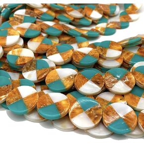 ABCGEMS Dark Sunset Orange Spiny Oyster, Aqua-Blue Howlite Turquoise Powder in Resin Inlay - Deep Ocean Seashell DIY Necklace Earring Jewelry Making - 20mm Coin, 19-20 Beads