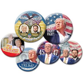 Trump Vance Victory Inauguration Button Pack - President Donald Trump and Vice President JD Vance Photo Designs - 6 Buttons with Jugate, Fight Fight Fight, 45th and 47th, I'm McBack - Pack 47