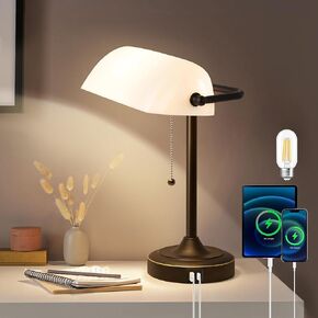 Vintage Desk Lamp Bankers Lamp - Retro Table Lamp with USB & Type C Charging Ports Traditional Pull Chain Switch Library Lamp for Home Office Nightstand Bedroom Side Table Lamp(T45 Bulb Included)