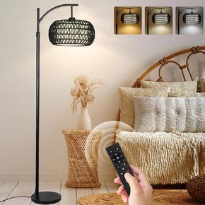 Arc Floor Lamp for Living Room Rattan Boho Floor Lamp with Remote Control,Dimmable LED Floor Lamp Wicker Lamp Shades Black Standing Lamp with 3 Color Temperature Tall Floor Lamp For Bedroom Corner