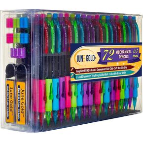 June Gold 72 Mechanical Pencils, 0.7 mm HB #2 Lead, 2 Lead Dispensers/w 220 Refills & 16 Erasers, Break Resistant Lead, Convenient Side Click & Soft Non-Slip Grip